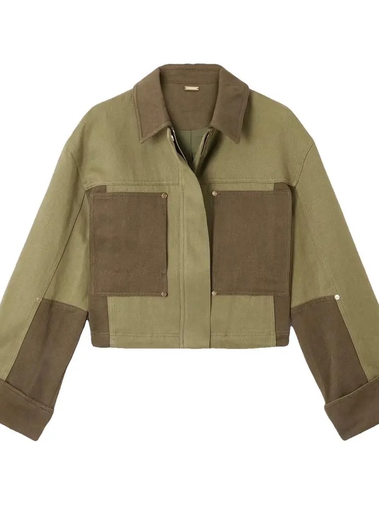 Cult Gaia Anders Jacket Green/Khaki Color Block | Hemp & Cotton | Perfect Cond